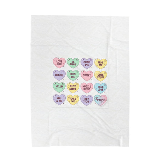 Candy Heart Micro-Typography Velveteen Plush Blanket | Valentine Sticker Pattern