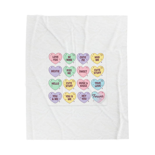 Candy Heart Micro-Typography Velveteen Plush Blanket | Valentine Sticker Pattern