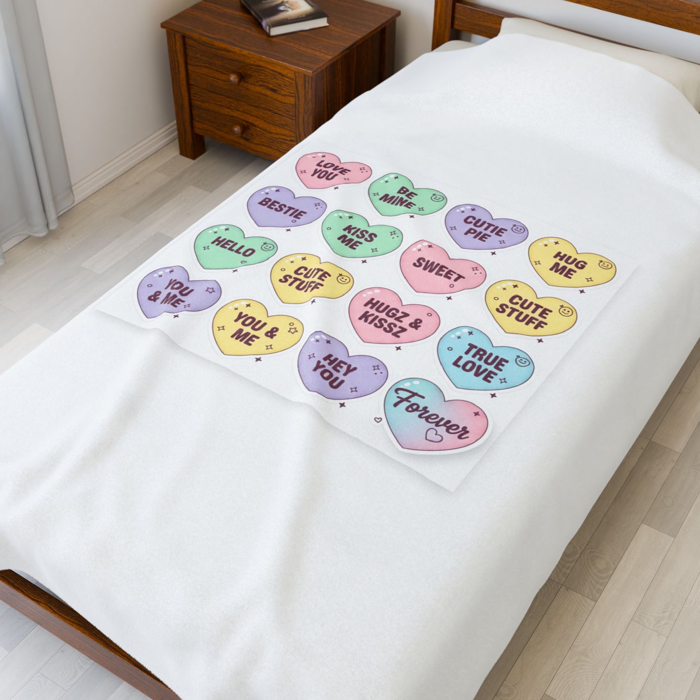 Candy Heart Micro-Typography Velveteen Plush Blanket | Valentine Sticker Pattern