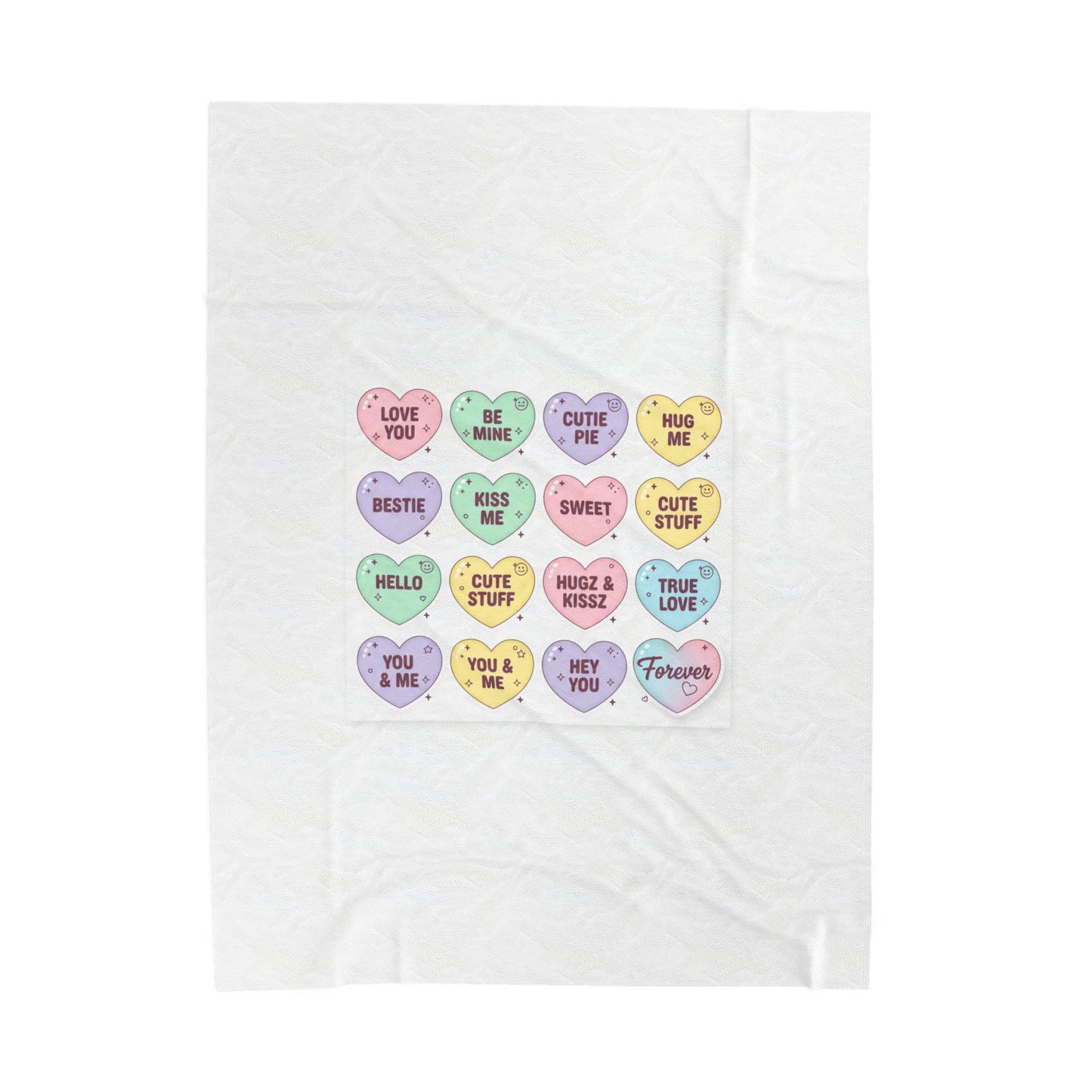 Candy Heart Micro-Typography Velveteen Plush Blanket | Valentine Sticker Pattern