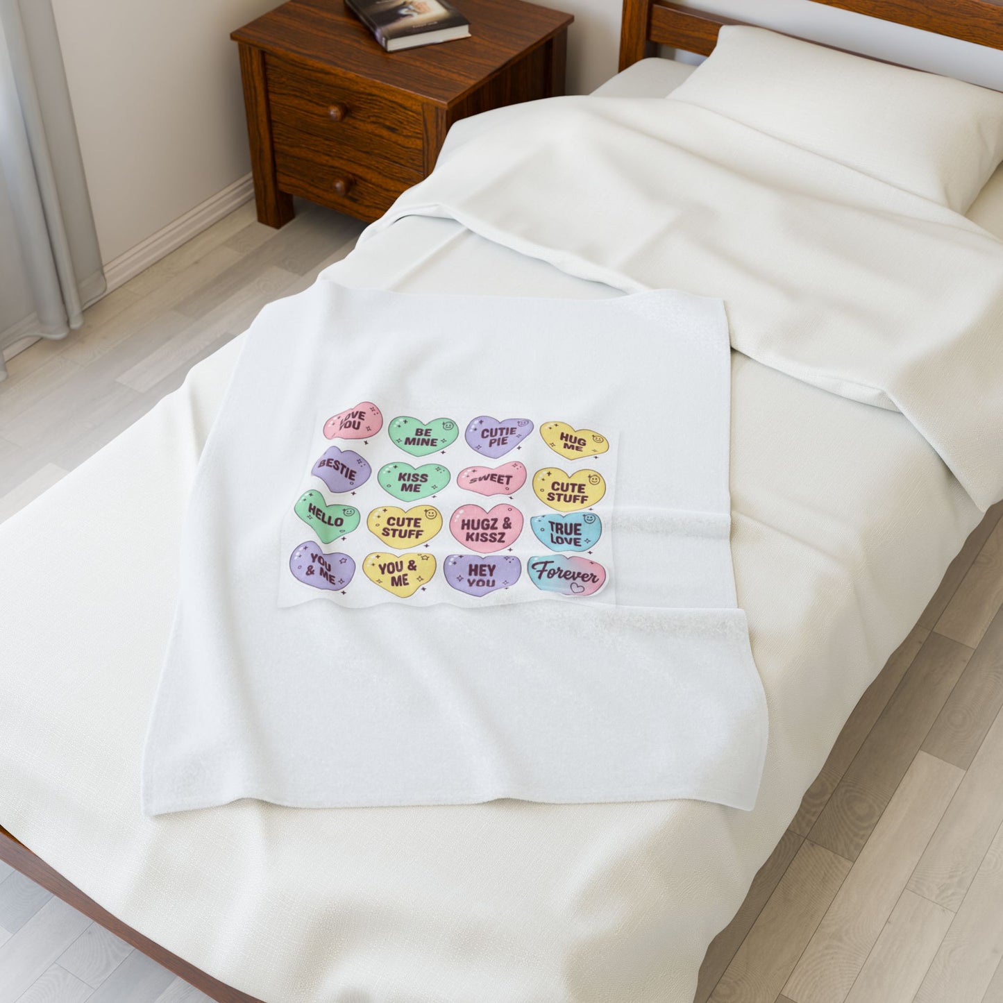 Candy Heart Micro-Typography Velveteen Plush Blanket | Valentine Sticker Pattern