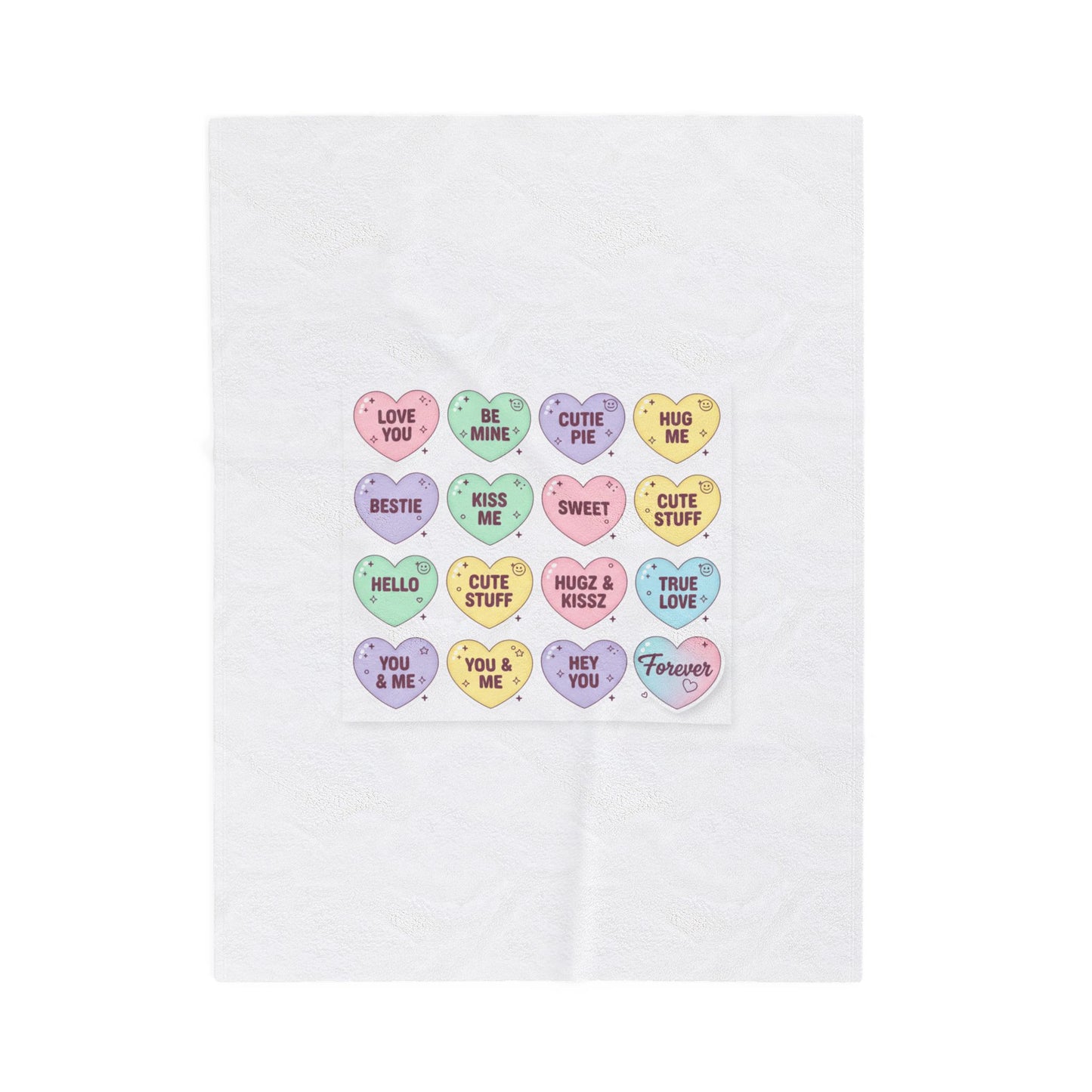 Candy Heart Micro-Typography Velveteen Plush Blanket | Valentine Sticker Pattern
