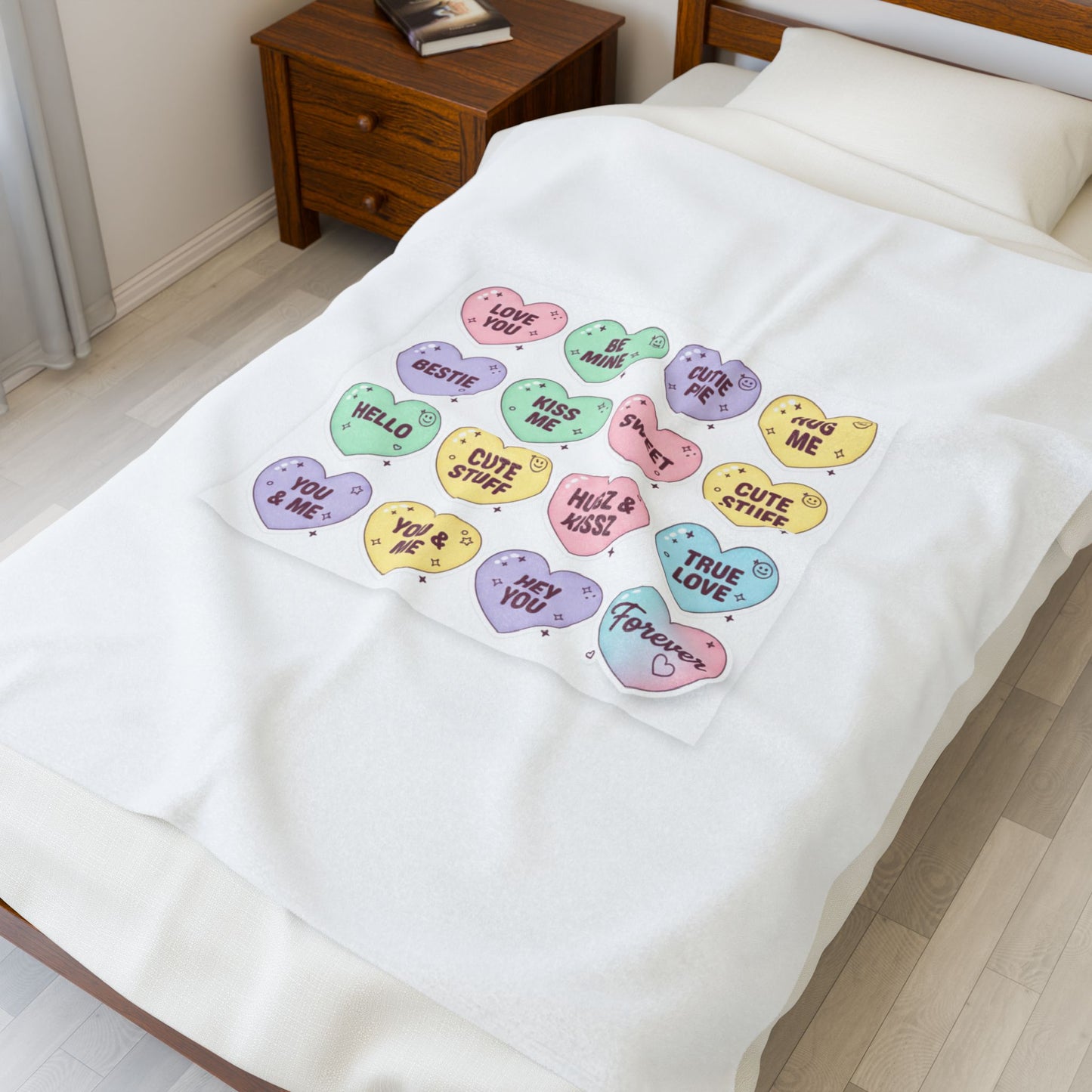 Candy Heart Micro-Typography Velveteen Plush Blanket | Valentine Sticker Pattern